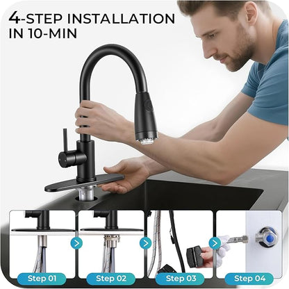 LED Kitchen Faucet with Pull Down Sprayer - Matte Black Single Handle Kitchen Faucets, High Arc Stainless Steel Pull Out Kitchen Sink Faucet with Deck for RV Laundry Farmhouse Bar