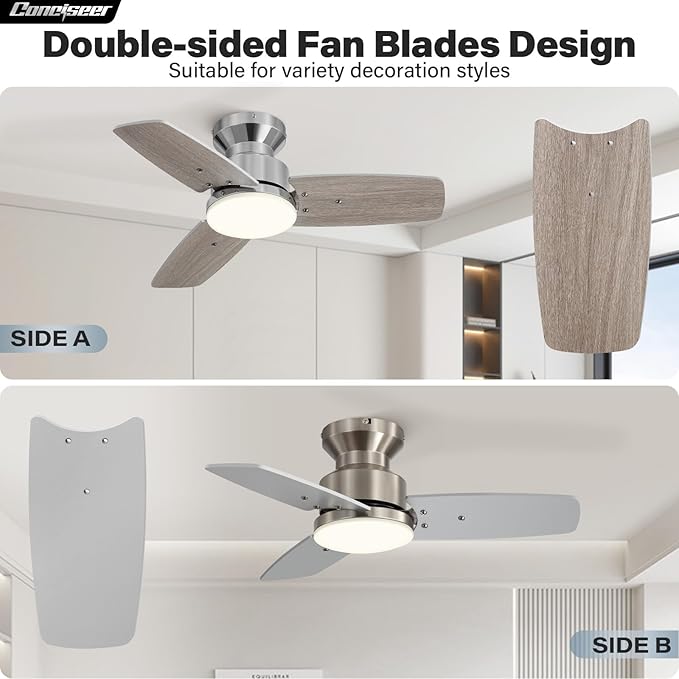 42 Inch Ceiling Fans with Lights and Remote, Bedroom Living Room Office, Flush Mount, 3CCT Dimmable, Dual Color 3 Blades 6 Speed Reversible Quiet DC Motor, Chrome-Plated/Wood Grain
