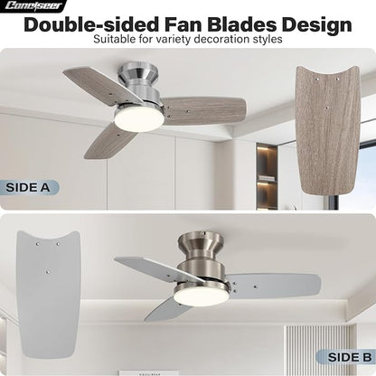 42 Inch Ceiling Fans with Lights and Remote, Bedroom Living Room Office, Flush Mount, 3CCT Dimmable, Dual Color 3 Blades 6 Speed Reversible Quiet DC Motor, Chrome-Plated/Wood Grain