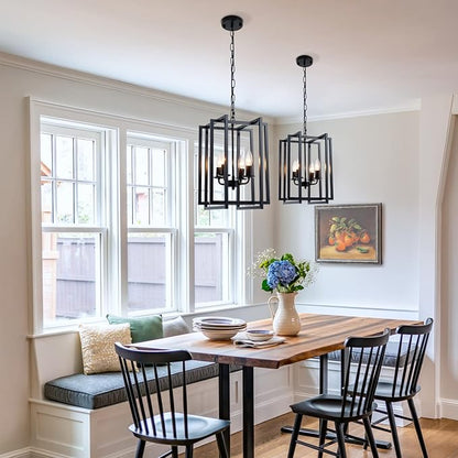 Farmhouse Lantern Chandelier Light Fixture Black, 4-Light Rustic Industrial Pendant Lighting, Adjustable Height Modern Square Cage Hanging Lights for Hallway Kitchen Island Living Room Bedroom