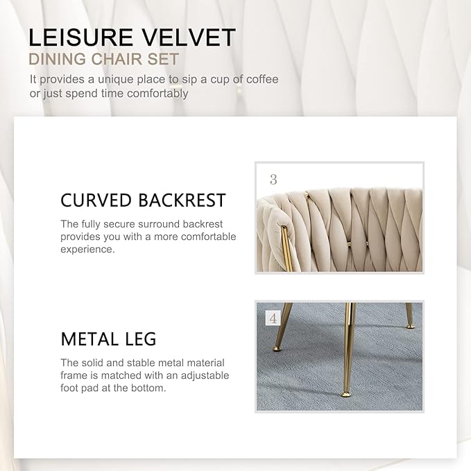 Nrizc Woven Dining Chairs Set of 6, Velvet Upholstered Dining Chairs with Gold Metal Legs, Modern Accent Chairs for Living Room, Dining Room, Kitchen (Beige)