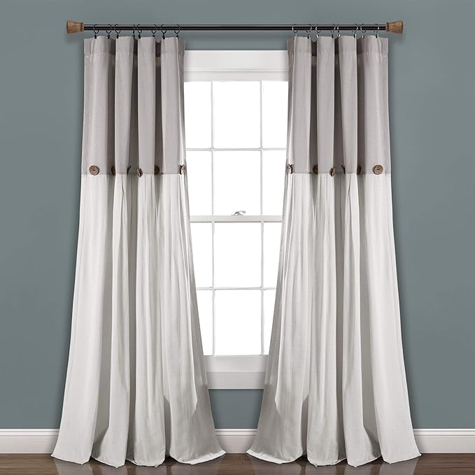 Lush Decor Linen Button Window Curtain Panel, Single, 40" W x 108" L, Gray & White - Country Curtains - Rustic Decor - Color Block Modern Farmhouse Curtains For Living Room, Bedroom & Dining Room