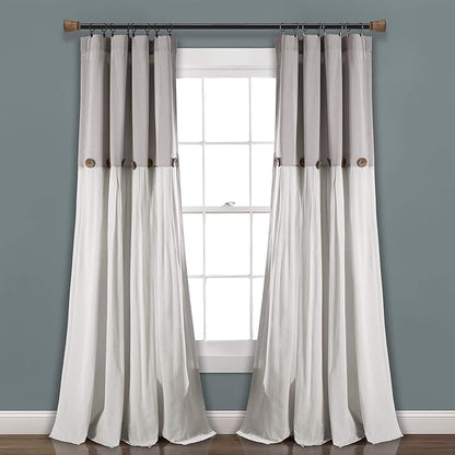 Lush Decor Linen Button Window Curtain Panel, Single, 40" W x 108" L, Gray & White - Country Curtains - Rustic Decor - Color Block Modern Farmhouse Curtains For Living Room, Bedroom & Dining Room