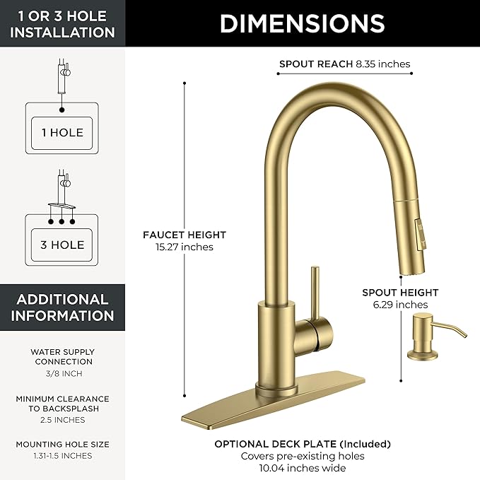 FORIOUS Gold Kitchen Faucet with Pull Down Sprayer, Modern Single Hole Kitchen Sink Faucet with Soap Dispenser, Deck Plate, Single Handle, High Arc Stainless Steel for RV Bar Farmhouse Laundry