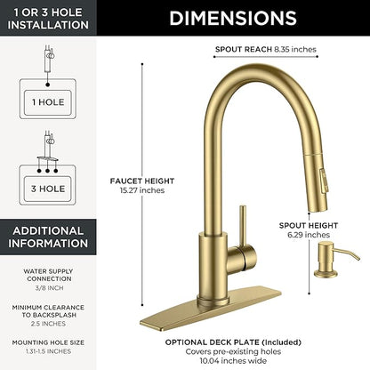 FORIOUS Gold Kitchen Faucet with Pull Down Sprayer, Modern Single Hole Kitchen Sink Faucet with Soap Dispenser, Deck Plate, Single Handle, High Arc Stainless Steel for RV Bar Farmhouse Laundry