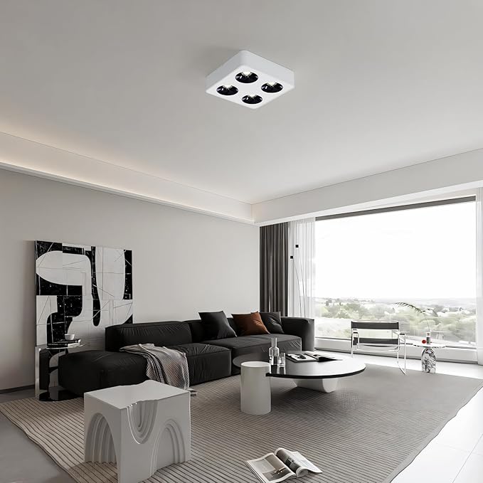 JAYMP Square Modern LED Ceiling Spotlight 3000K Dimmable White Surface Mount Focus Down Light for Living Room Hallway Laundry Room (White, Quadruple Lamp)