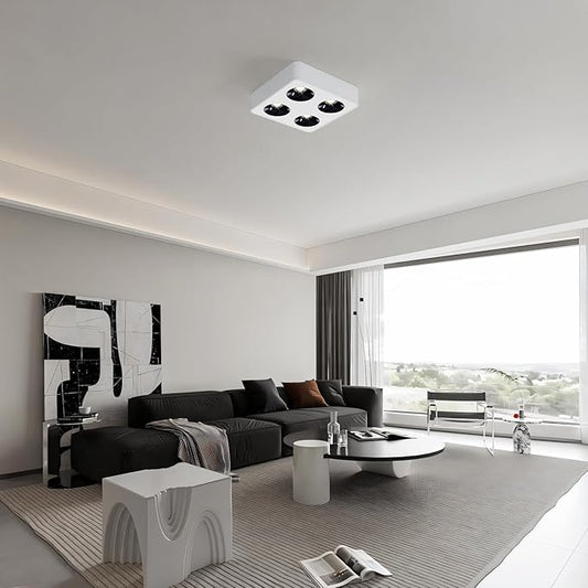JAYMP Square Modern LED Ceiling Spotlight 3000K Dimmable White Surface Mount Focus Down Light for Living Room Hallway Laundry Room (White, Quadruple Lamp)