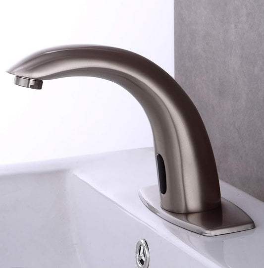 Automatic Touchless Bathroom Sink Faucet Motion Activated Sensor Faucets Hands Free Commercial Tap with Hole Cover Deck Plate Battery Operated Control Adjustable Temperature MixerBrushed Nickel