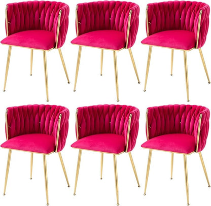 Nrizc Woven Dining Chairs Set of 6, Velvet Upholstered Dining Chairs with Gold Metal Legs, Modern Accent Chairs for Living Room, Dining Room, Kitchen (Rose Red)