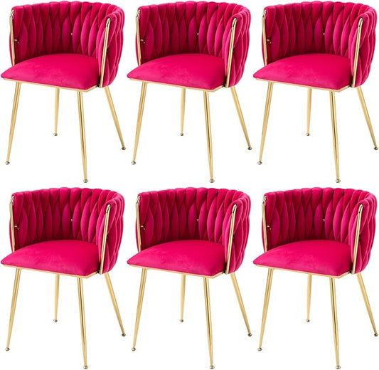 Nrizc Woven Dining Chairs Set of 6, Velvet Upholstered Dining Chairs with Gold Metal Legs, Modern Accent Chairs for Living Room, Dining Room, Kitchen (Rose Red)