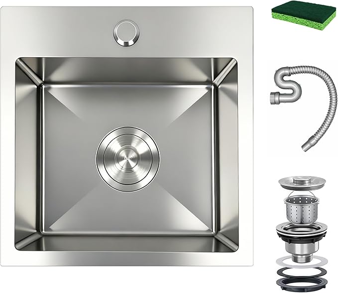 15x15 Inch Single Bowl Kitchen Sink,304 Stainless Steel Top Mount Kitchen Sinks Bar Sink,Handmade 16 Guage Small Kitchen Sink Brushed Nickel Deep Kitchen Sinks RV Sink