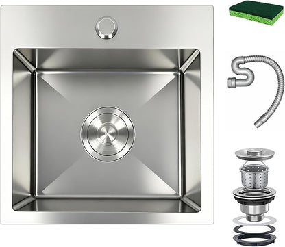 15x15 Inch Single Bowl Kitchen Sink,304 Stainless Steel Top Mount Kitchen Sinks Bar Sink,Handmade 16 Guage Small Kitchen Sink Brushed Nickel Deep Kitchen Sinks RV Sink
