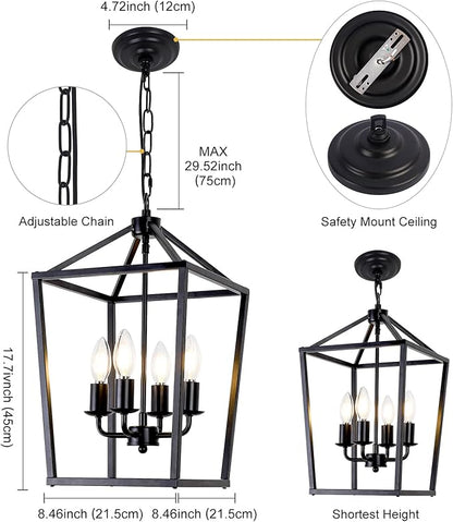 4-Light Black Farmhouse Chandelier Iron Lantern Pendant Light Rustic Cage Hanging Light Fixtures Industrial Foyer Lights for Kitchen Island Dining Room Hallway Foyer Entryway