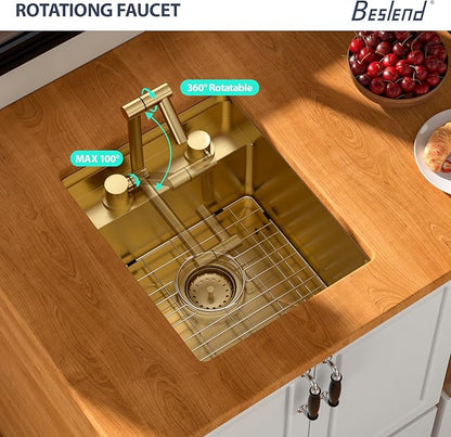 15 Inch Outdoor Undermount Bar Sink With Faucet and Cover - Beslend 15x18x9 Undermount Kitchen Sink Workstation 16 Gauge Stainless Steel Single Bowl Sinks Under Counter Indoor Outdoor Gold