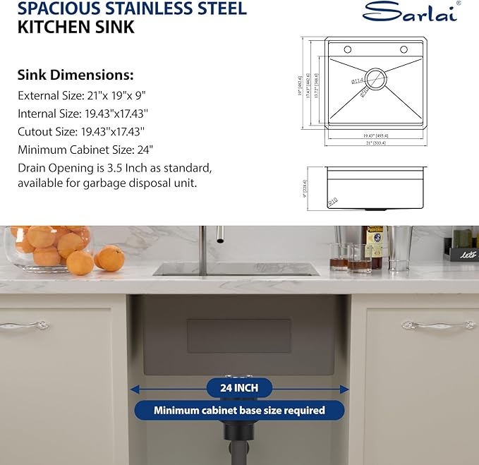 Sarlai Undermount Bar Sink With Foldable Faucet - 21x19 Inch Outdoor Kitchen Sink RV Workstation 16 Gauge Stainless Steel Single Bowl Handmade Outdoor BBQ Sinks