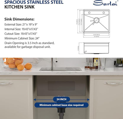 Sarlai Undermount Bar Sink With Foldable Faucet - 21x19 Inch Outdoor Kitchen Sink RV Workstation 16 Gauge Stainless Steel Single Bowl Handmade Outdoor BBQ Sinks
