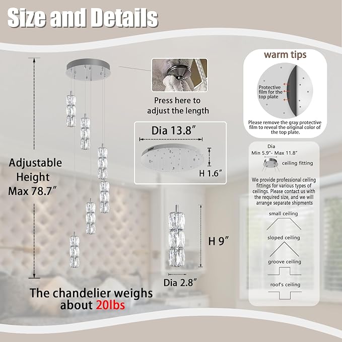 ykolupty H78 Pendant Lights Kitchen Island 6-Lights Pendant Chandelier for Dining Room Hallway Stairwell,LED Dimmable 2700K-6000K (Silver Chandelier)