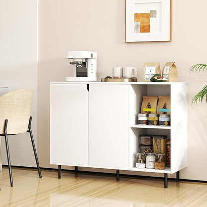 LOKO Kitchen Buffet Cabinet with Storage, Modern Storage Island with Adjustable Shelves, 2 Doors, Sturdy Metal Legs, Coffee Bar Cabinet, Perfect for Living Room, White