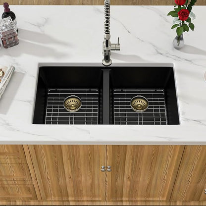 Black Double Bowl Granite Composite Kitchen Sink - 33 Inch Matte Black Kitchen Sink 50/50 Split Bowl Undermount Granite Quartz Composite Under Counter Sinks Basin
