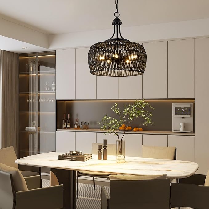 Kitchen Island Light Fixtures, 5-Light Rustic Ceiling Fixture with Twine Making Lampshade, Adjustable Height Boho Light Fixture, Vintage Pendant Lighting for Kitchen, Bedroom (Balck)