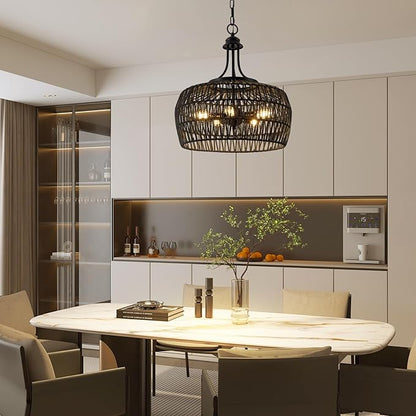 Kitchen Island Light Fixtures, 5-Light Rustic Ceiling Fixture with Twine Making Lampshade, Adjustable Height Boho Light Fixture, Vintage Pendant Lighting for Kitchen, Bedroom (Balck)