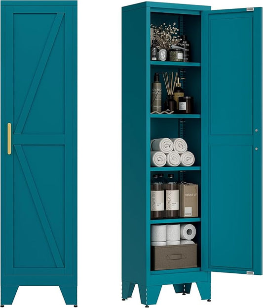 LCAOPC 67" Tall Narrow Bathroom Metal Storage Cabinet with 4 Adjustable Shelves, Freestanding 5 Tier Slim Pantry Storage Cabinet for Small Space, Peacock