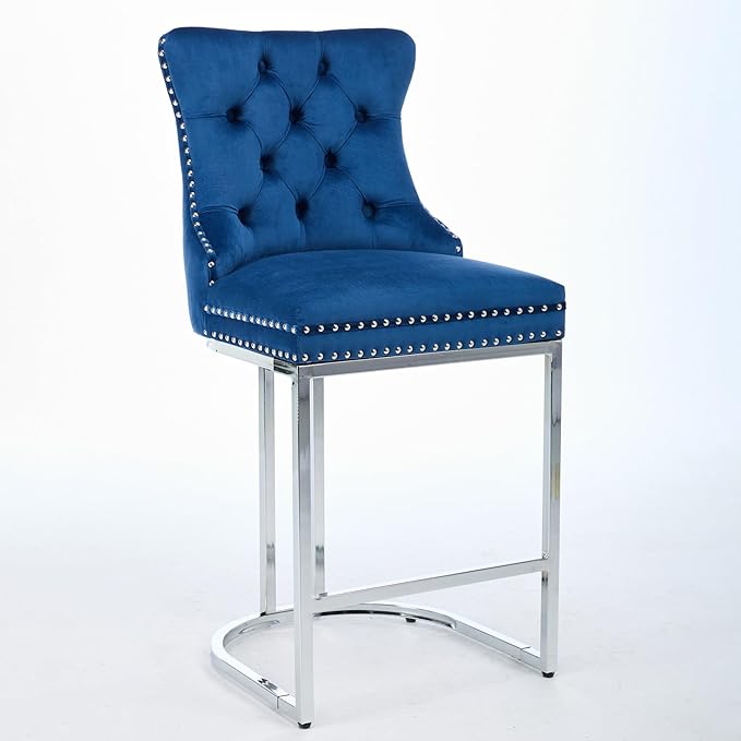 25" Counter Height Bar Stools Set of 2, Modern Velvet with Button Back Rivet Trim Upholstered Kitchen Island Chairs with Sturdy Chromed Metal Base Legs Farmhouse Bar Stools, (Blue,2 Pack)