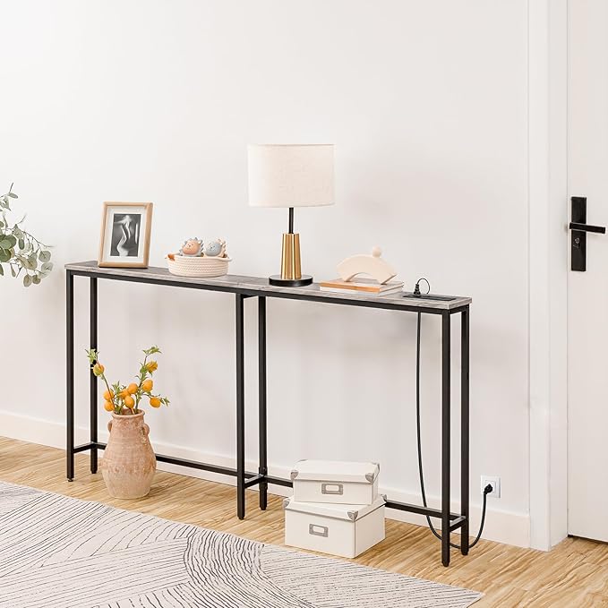 HOOBRO 63" Narrow Console Table with Charging Station, 5.9" Slim Sofa Table Behind Couch, 2 AC Outlets & USB-C Ports, Long Entryway Tables for Small Spaces, Livingroom, Greige BG165UXG01G1
