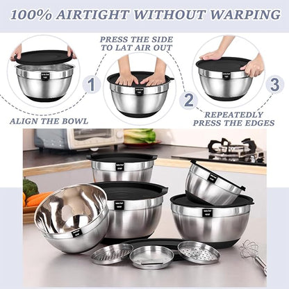 Umite Chef Mixing Bowls with Airtight Lids, 8PCS Stainless Steel Nesting Mixing Bowls Set, 3 Grater Attachments & Non-Slip Bottoms, Black Kitchen Bowls, Size 5, 4, 3.5, 2, 1.5QT for Baking & Serving