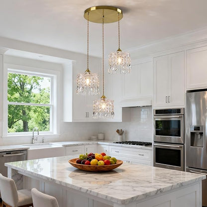 3-Light Brass Vintage Glass Pendant, Crystal Pendant Light, Adjustable Height Lighting for Kitchen Island, Dining Room, Farmhouse, Living Room (Round Chassis)