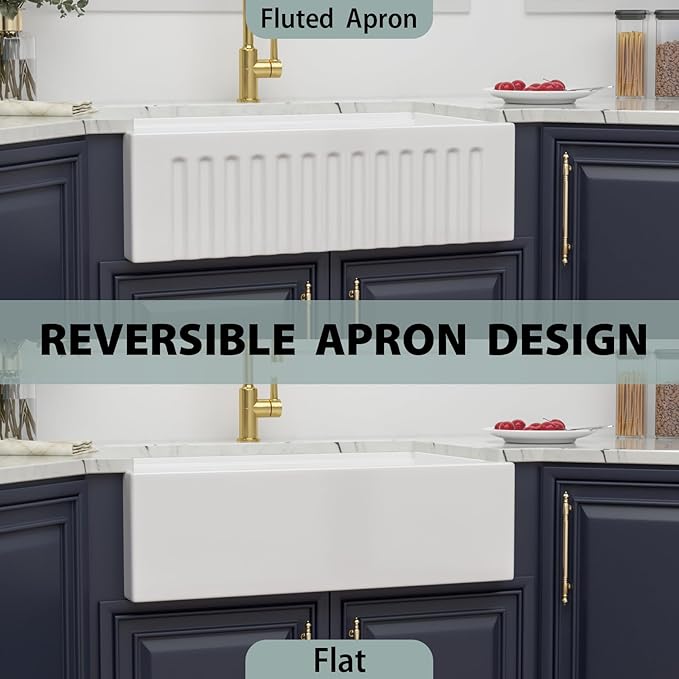33 White Farmhouse Sink Double Bowl- Kichae 33 x 20 Inch Farmhouse Kitchen Sink Ledge Workstation Apron Front Ceramic Porcelain Single Bowl with Gold Accessories