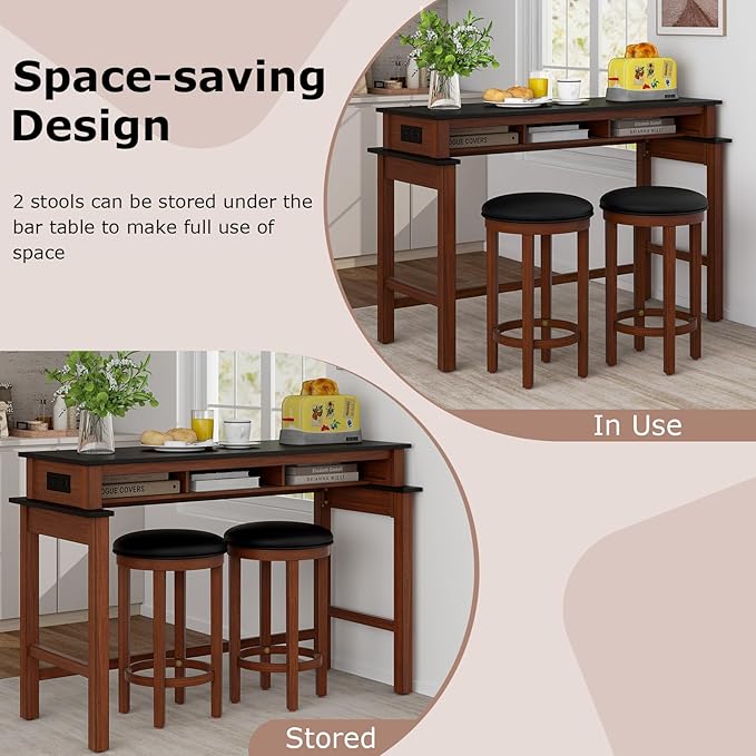 COSTWAY 3 Pieces Bar Table Set with Power Outlet, 36” Counter Height Bar Table with 2 Upholstered Bar Stools, Pub Table Set for Kitchen, Dining Room, Living Room, Small Space (Black + Walnut)