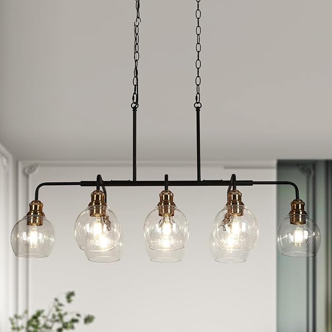 KSANA 40" Large Rectangular Linear Chandelier, 8-Light Black Gold Kitchen Island Lighting with Seeded Glass Mid-Century Modern Dining Room Light Fixtures for Living Room, Kitchen, Hallway, Bedroom