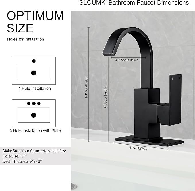 Matte Black Bathroom Faucet Waterfall Faucet Bathroom Vanity with 360 Degree Swivel Spout, Single Hole Bar Sink Faucet with Hose and 6 "Deck Plate,SL5004BK