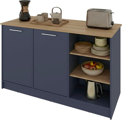 GOWE Ginger Kitchen Island with Spacious Dining Countertop, Three Open Storage Shelves, Dual Cabinet Doors with Interior Shelves and Functional Floorstanding