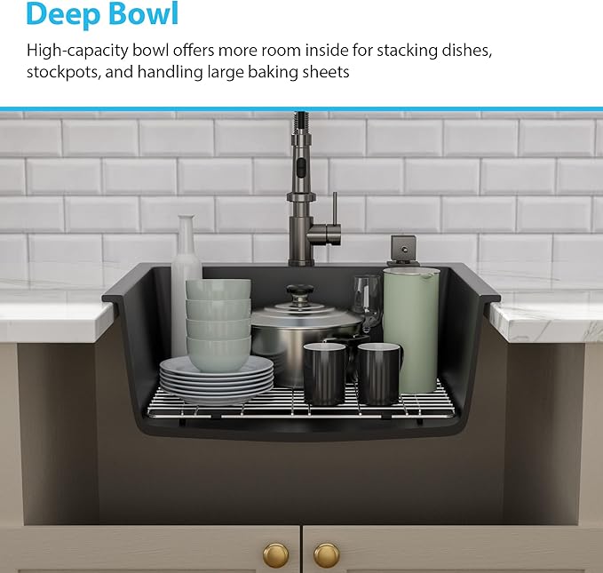 Kichae 25 Granite Composite Kitchen Sink - 25"x22" Grainte Quartz Drop In Topmount Black Deep Single Bowl Basin