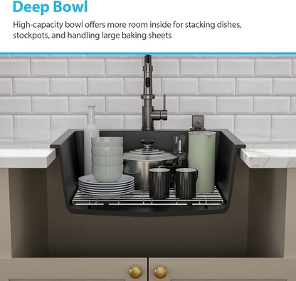 Kichae 25 Granite Composite Kitchen Sink - 25"x22" Grainte Quartz Drop In Topmount Black Deep Single Bowl Basin