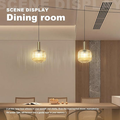 Amber Glass Plug in Pendant Light 2 Pack, Mid-Century Modern Gold Hanging Lamp, Ribbed Globe Hanging Light Plug in Swag Lights for Kitchen Island, Dining Room, Living Room, Bedroom