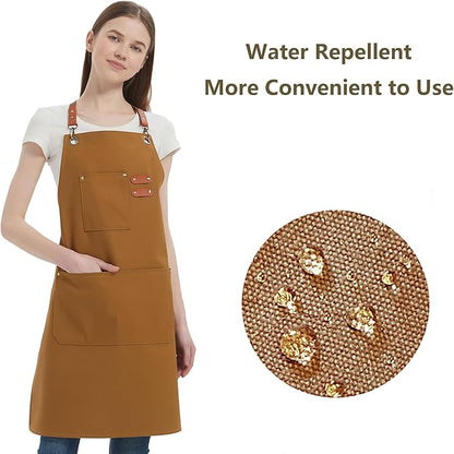 AFUN Chef Aprons for Women Men with Oversized Pockets, 12-Ounce Cotton Canvas Cross Back Water Repellent Apron (Brown)