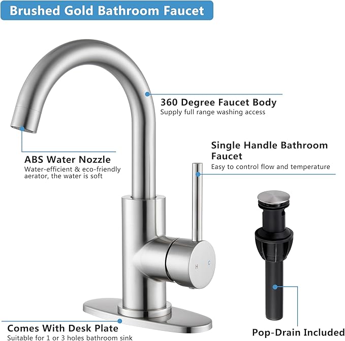 Brushed Nickel Bathroom Faucet - Single Hole Waterfall Bathroom Sink Faucet with Drain Assembly, 360° Swivel Spout Vanity Faucet Single Handle Lavatory Sink Faucet