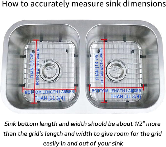 2 Pack 11-3/4"x13-7/8 Sink Grid - 304 Stainless Steel Heavy Duty Kitchen Sink Protector Rack with Center Drain & Built-in Strainer, Scratch Resistant Bottom