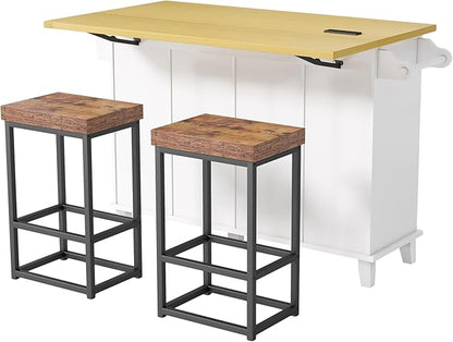 Farmhouse Kitchen Island with Drop Leaf and 2 Seatings, Kitchen Table Set with Storage Cabinet, Drawers, Door Shelves and Power Outlet, White+Rustic Brown