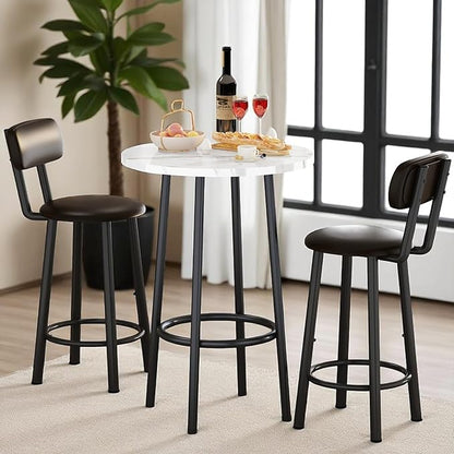 Recaceik Pub Table and Chairs Set of 2, 24" Dining Table Set with 2 PU Leather Upholstered Stools, 3-Piece Round Small Space Kitchen Table Pub Table Set for Apartment Dining Room, Living Room, White