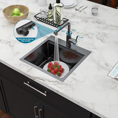 21 Inch Black Drop In Bar Sink Outdoor Kitchen Sink Workstation 16 Gauge Stainless Steel Single Bowl Small Sinks With Pull-out Faucet 21"x20"x9"