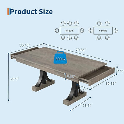 Garvee 71-Inch Wooden Dining Table with 2 Drawers, Rectangular Dining Table w/Large Tabletop & Double Pedestal, Large Kitchen Table for 6-8 with Sturdy Frame, for Dining Room, Kitchen, Rustic Gray