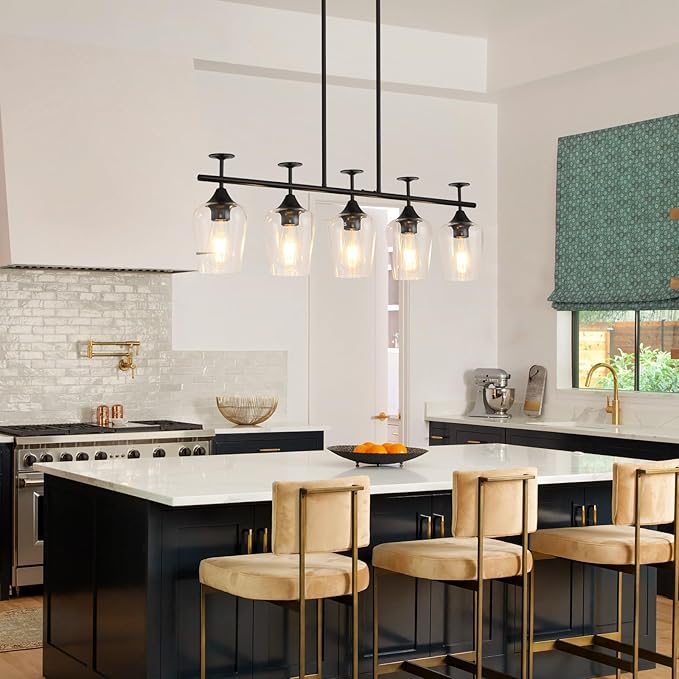 5-Light Linear Chandelier 35.4in Black Kitchen Island Lighting Fixture Dining Room Light Fixture Pendant Lights Ceiling Hanging Modern Kitchen Chandeliers Over Table with Clear Glass Shades