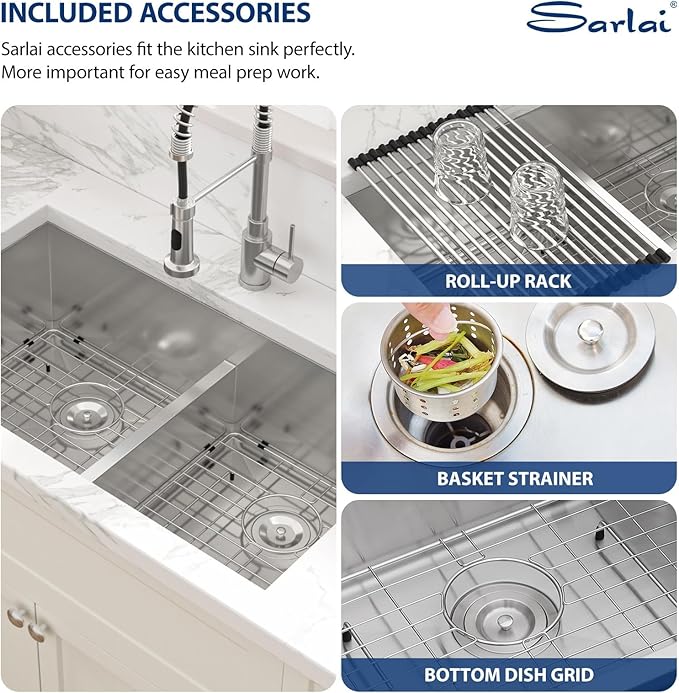 Sarlai 36 Undermount Kitchen Sink - 36" x 19" Undermount Double Bowl Sink 60/40 Low Divide Stainless Steel 16 Gauge Under Counter Rectangular Kitchen Sinks Basin with Accessories