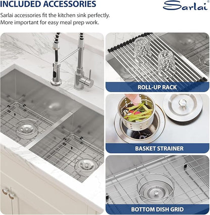 Sarlai 36 Undermount Kitchen Sink - 36" x 19" Undermount Double Bowl Sink 60/40 Low Divide Stainless Steel 16 Gauge Under Counter Rectangular Kitchen Sinks Basin with Accessories