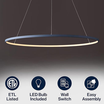 JONATHAN Y 35" Blue Modern Integrated LED Pendant Light, Dimmable Round Hoop Chandelier for Kitchen Island, Dining Room, Adjustable Height Metal Hanging Light (JYL7220D)