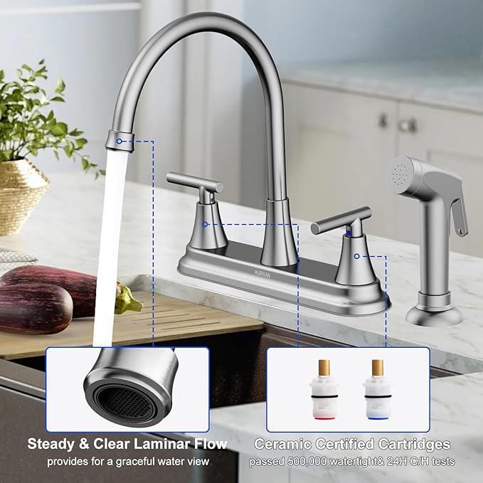 HURRAN 2-Handle Kitchen Faucet with Pull-Out Side Sprayer, 8 Inch High Arch Stainless Steel 360°Rotating Kitchen Sink Faucet, 4 Hole Faucet for Kitchen Bar Rv Camper, Nickel